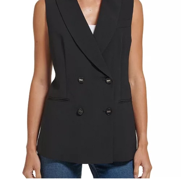 DKNY Double Breasted Vest. Black with Gold Buttons and Gold Logo Embellishments - Picture 5 of 12